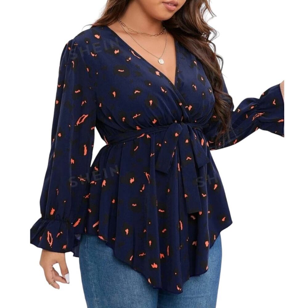 SHEIN Plus Size Allover Print Flounce Sleeve Belted Peplum Blouse Top